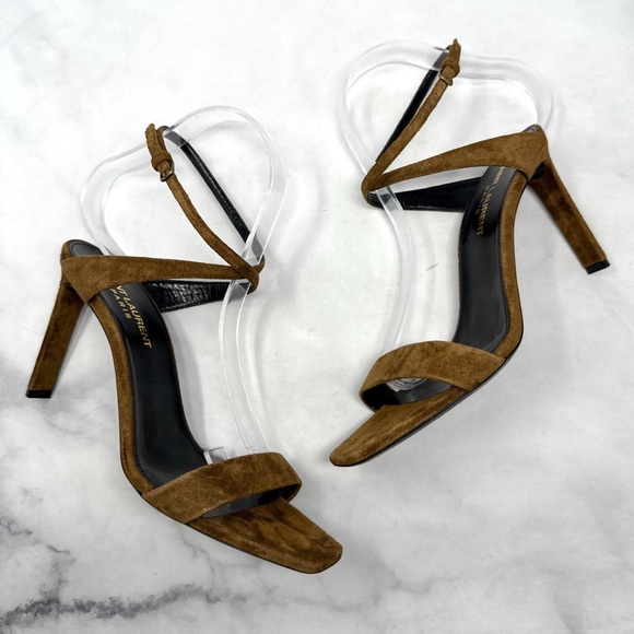 Saint Laurent Bea Bow Suede Square Toe Ankle Wrap Strap Sandal Heels Brown 37 - Picture 4 of 15